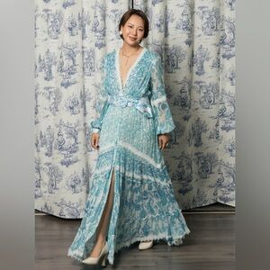 RARE Rococo Sand Blue White Paisley Metallic Belted Long Sleeve Candy Maxi Dress